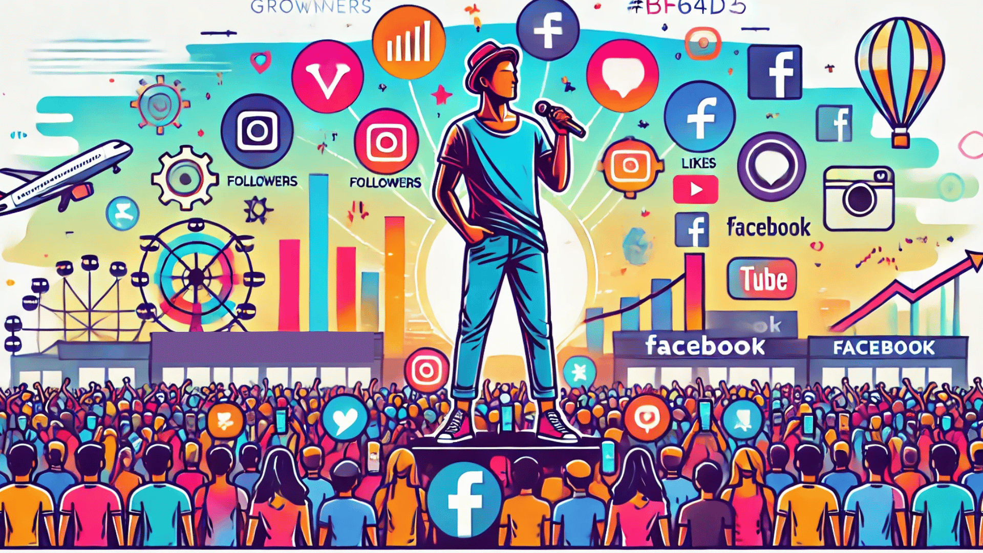 An illustration of an influencer in a crowded space with icons representing growth, followers, engagement, likes, shares, and popular platforms like Instagram, Facebook, and YouTube, making it easy to "find influencers" in the digital crowd.